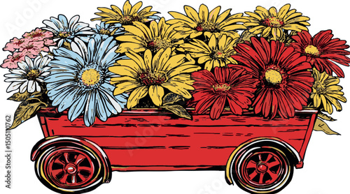 Red Wagon with Colorful Flowers