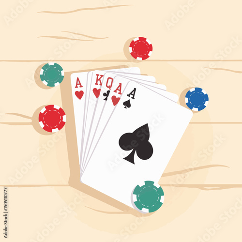 Playing cards and poker chips on wooden table, game strategy