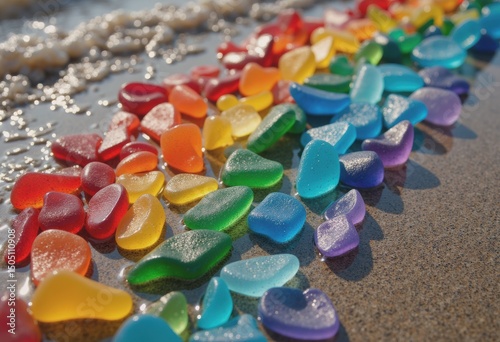 Sea-glass shards creating a vibrant rainbow mosaic in a tidal pool photo