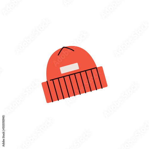 Flat illustration of a red winter beanie with a folded brim and label patch. Minimal design symbolizing cold weather clothing, outdoor gear, and cozy seasonal fashion. Vector illustration