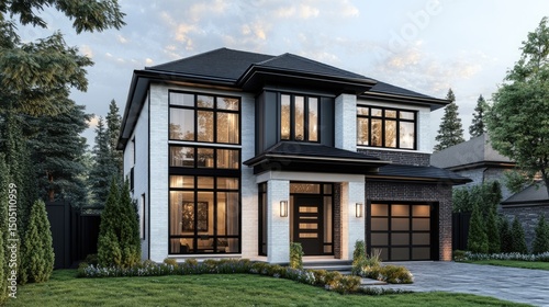 A contemporary urban townhouse with an elegant yet simple design, large black-framed windows, clean white facade with natural wood accents, soft afternoon light, ultra-detailed, high-resolution render