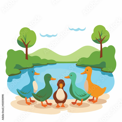 Colorful ducks smiling by serene lake, whimsical nature illustration