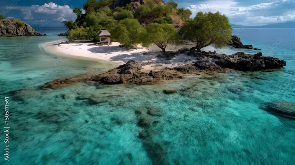 Picturesque island with white sand beaches, rocky shores, lush vegetation and turquoise blue ocean, summer paradise, vacation Picturesque island with white sand beaches, rocky shores, lush vegetation and turquoise blue ocean, summer paradise, vacation