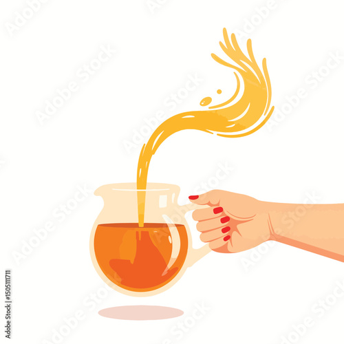Hand pouring amber sweet tea from glass pitcher, minimalist design