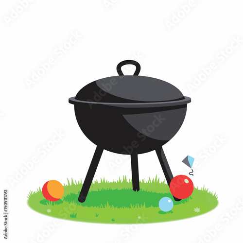Simple black barbecue grill on grassy lawn, summer joy