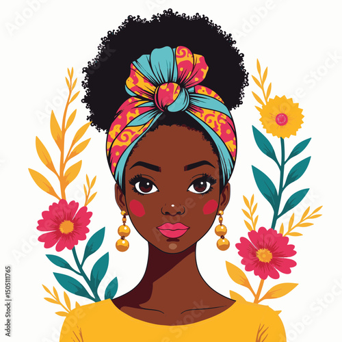 Confident woman showcasing vibrant headwrap with floral motifs, cultural pride