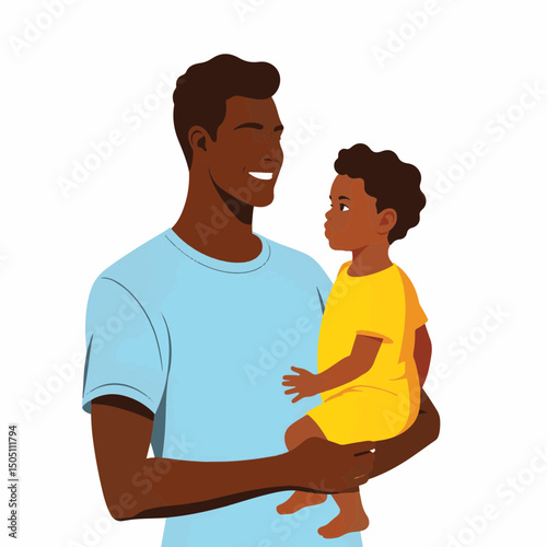 Black father gently smiling at toddler in minimalist style, family bond