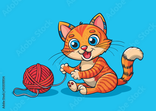 Cute kitten plays with yarn ball.