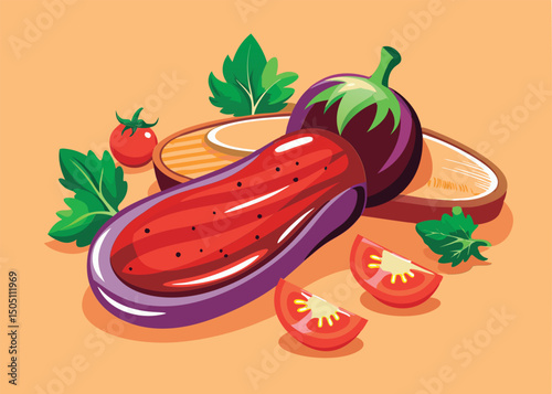 Colorful eggplant and tomato platter.