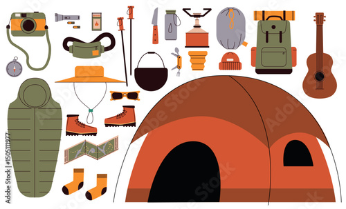 Flat style illustration of essential camping gear including tent, backpack, sleeping bag, boots, compass, camera, stove, and utensils. Perfect for outdoor adventure themes and travel guides. Vector