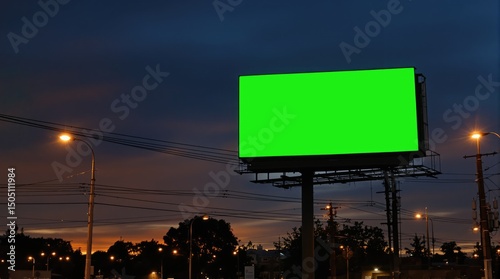 A blank green billboard at dusk, illuminated by city lights and a colorful sky.