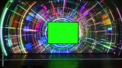 Dynamic visual display with vibrant colors and a central green screen area.