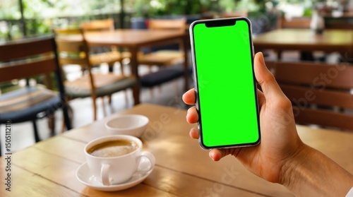Hand holding smartphone with blank screen beside coffee cup in a cozy cafe setting.