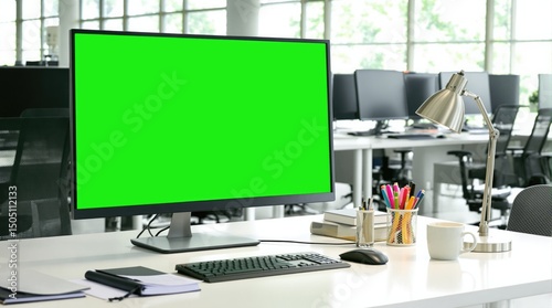 Modern office workspace with a green screen monitor and organized desk accessories.