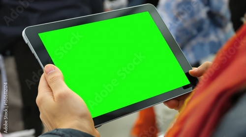 Person holding tablet device with a green screen in a crowded environment.