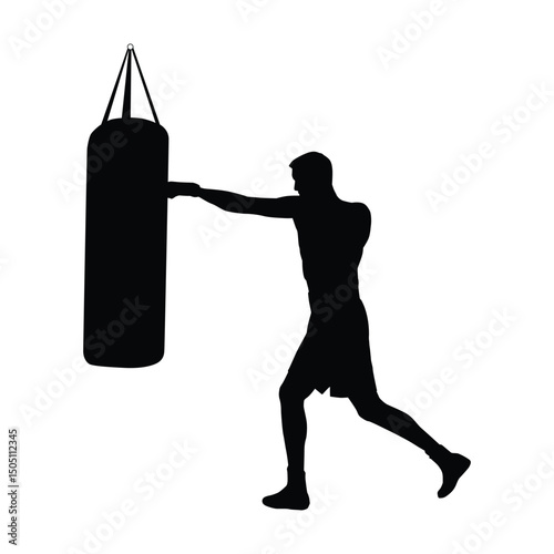Silhouette of a boxer training with a punching bag, showing strength, focus, and athletic motion