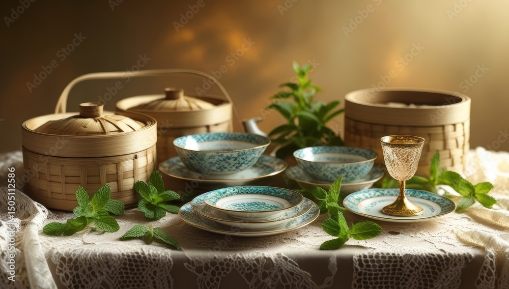 Fototapeta premium Traditional Japanese House with Rice Terraces and Serene Mountain Backdrop