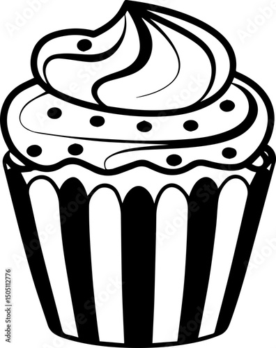SVG vector design of a stylized cupcake.Black and White Cupcake Design with Swirled Frosting