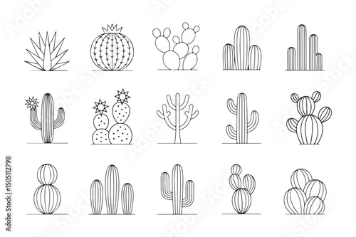 Continuous Line Drawing of Vector Set of Cute Cactus Black and White Sketch House Plants Isolated on White Background. Potted Cactus Family Line Hand Drawn Illustration