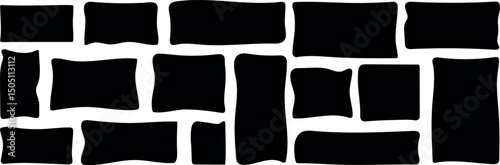 Hand drawn Black organic rectangles and squares with wavy jagged borders, blob wavy edges, resembling paper cutouts. Great for adding an organic and artistic touch. Vector elements of squares. 