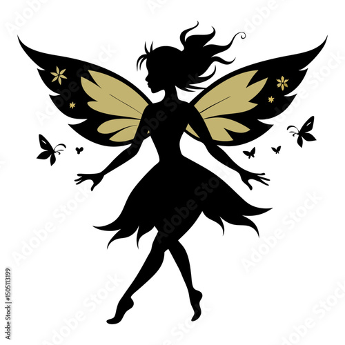 Celestial silhouette: A radiant silhouette of a fairy, adorned with intricate details, embodies grace and enchantment, its golden wings outstretched in a captivating pose against the ethereal canvas.