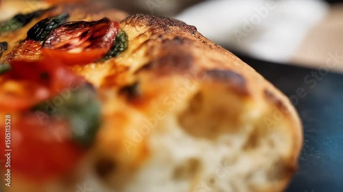 Close-up of a slice of delicious rectangular pizza topped with fresh tomatoes, green herbs and cheese, showing a light and airy crust