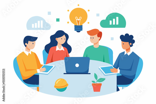 Vector illustration of business team working together at a round table 