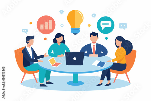 Vector illustration of business team working together at a round table 
