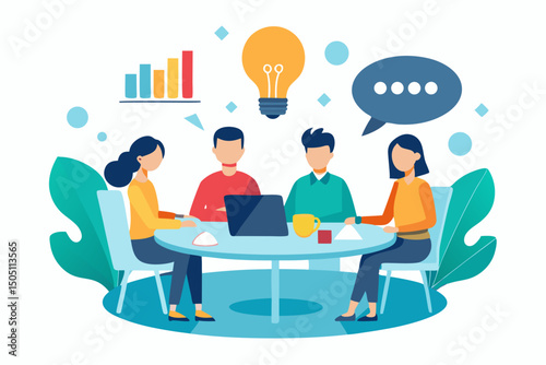 Vector illustration of business team working together at a round table 