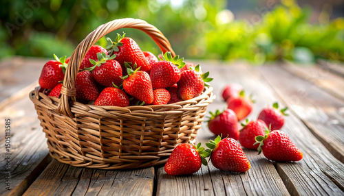 Fresh strawberries in basket on wooden table. Tasty and fresh berry. Organic product. Sweet food.