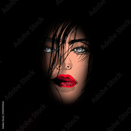 close up of beautiful woman's face in the dark