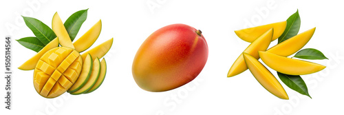 Vibrant set of fresh mangoes isolated on white background, including whole fruits, slices, and cubes. High-resolution tropical fruit collection ideal for food design and advertising.