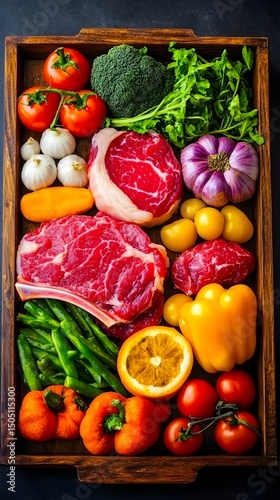 Wooden tray overflowing with vibrant, raw beef steaks nestled amongst an array of colorful vegetables and citrus fruit, ready for preparation