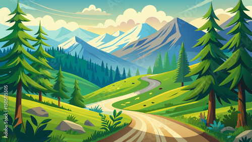 A country road winds through the forest in Europe’s Carpathian mountain landscape. Green trees line the path, inviting outdoor adventure and a peaceful summer vacation on a sunny day.