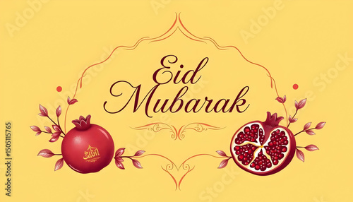 A beautiful illustration celebrating Eid Mubarak with pomegranates and floral designs