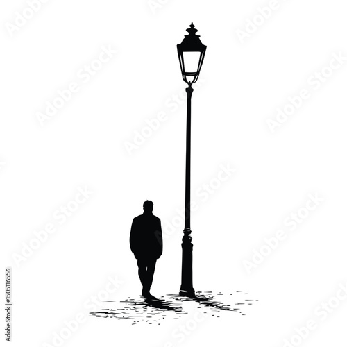 A figure walking down an alleyway minimalist silhouette design