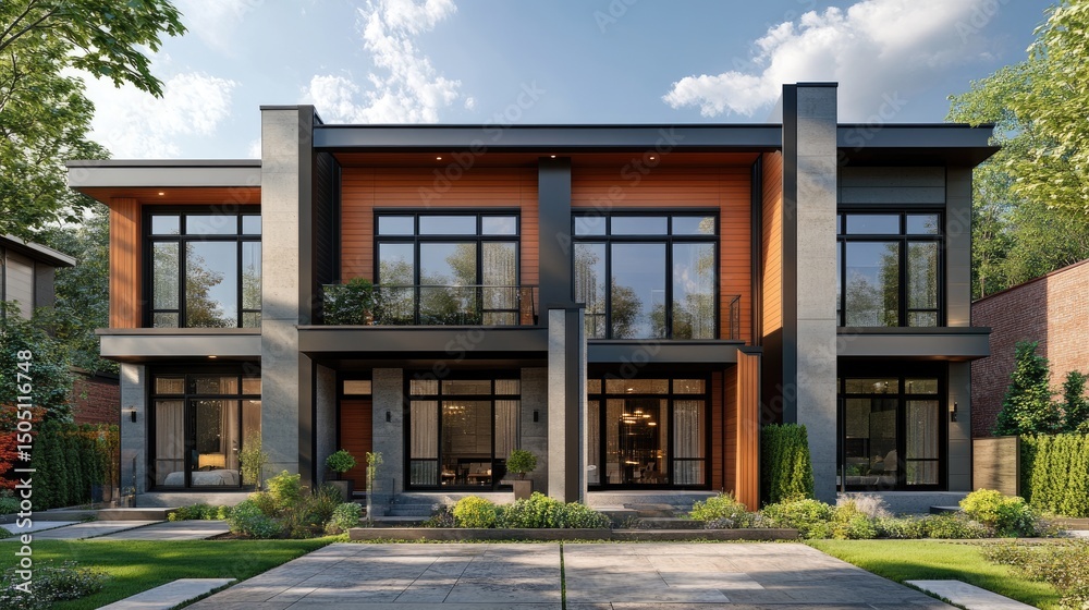 Obraz premium A modern industrial townhouse in the city, large steel-framed windows, an elegant blend of wood and concrete, open-concept layout, a touch of greenery, bright and fresh ambiance, ultra-HD photorealism