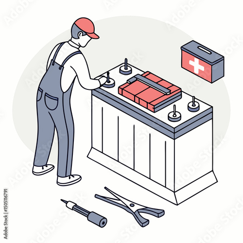 Vector illustration of battery replacement service illustration, isolated on transparent background
