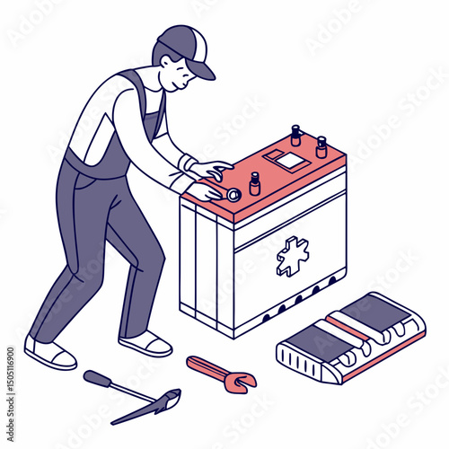 Vector illustration of battery replacement service illustration, isolated on transparent background