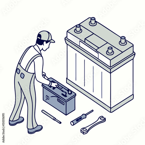 Vector illustration of battery replacement service illustration, isolated on transparent background