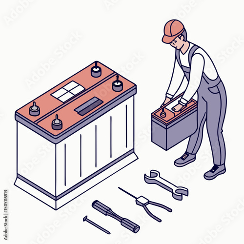 Vector illustration of battery replacement service illustration, isolated on transparent background