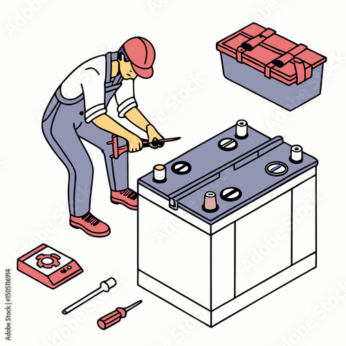 Vector illustration of battery replacement service illustration, isolated on transparent background