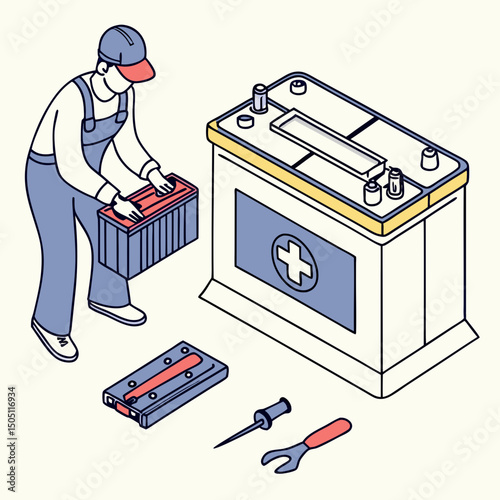 Vector illustration of battery replacement service illustration, isolated on transparent background