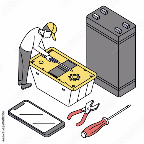 Vector illustration of battery replacement service illustration, isolated on transparent background