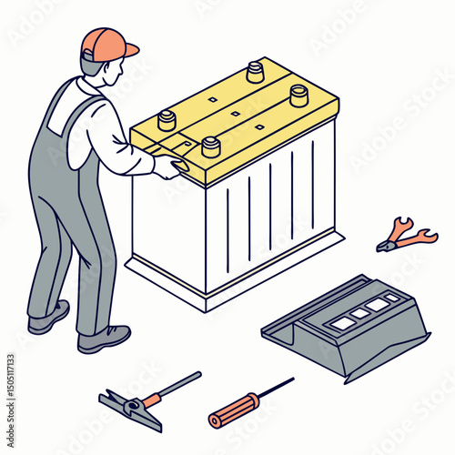 Vector illustration of battery replacement service illustration, isolated on transparent background