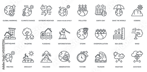 Climate Change icon set. Containing global warming, climate change, extreme weather, green house effect, earthquake, flooding, volcano, iceberg. Outline style