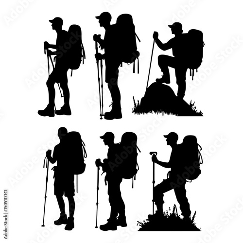 Big set of mountaineer climber hiker people, vector silhouette collection