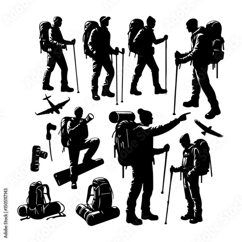 Big set of mountaineer climber hiker people, vector silhouette collection