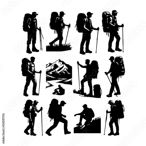 Big set of mountaineer climber hiker people, vector silhouette collection