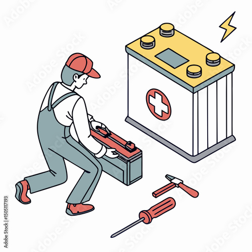 Vector illustration of battery replacement service illustration, isolated on transparent background
